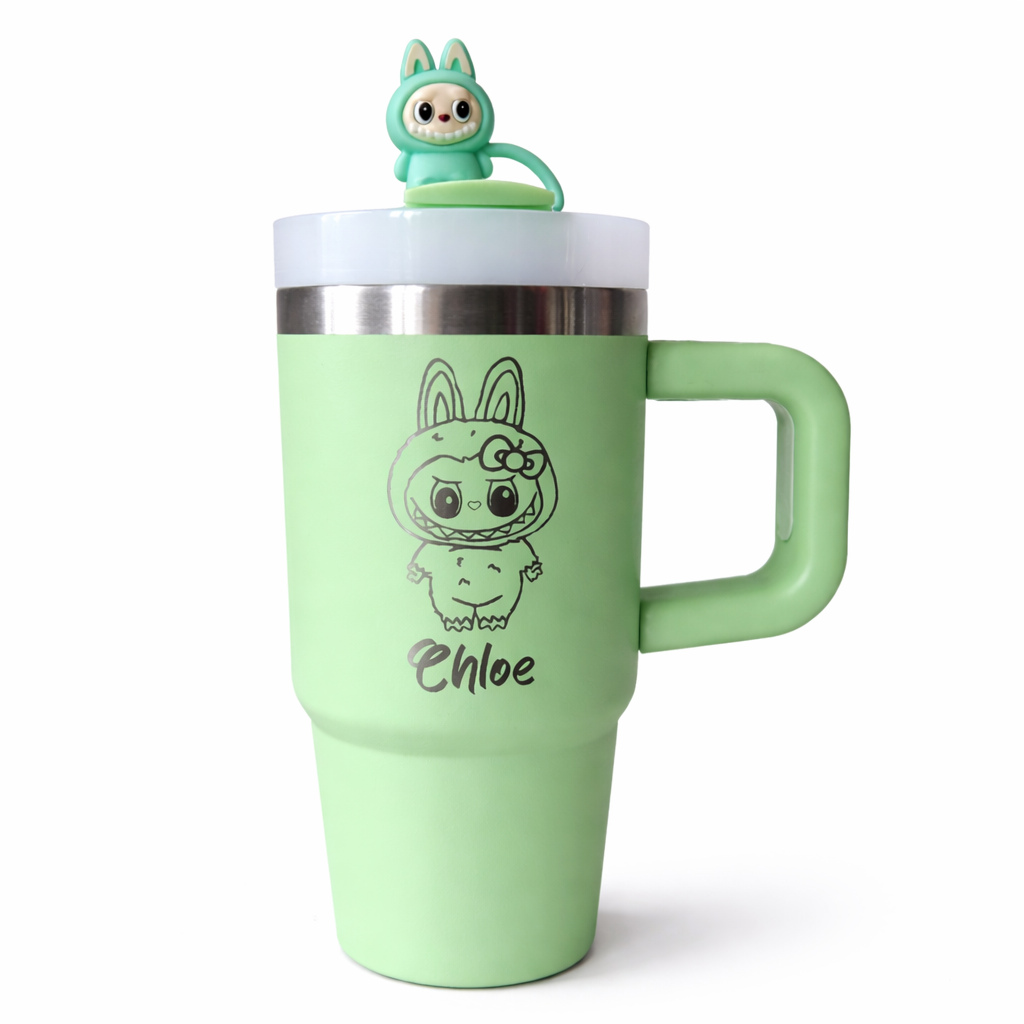 LASER engraved cute furry monsters / take a seat cute character tumbler + handle straw-personalised cup-quencher-14oz