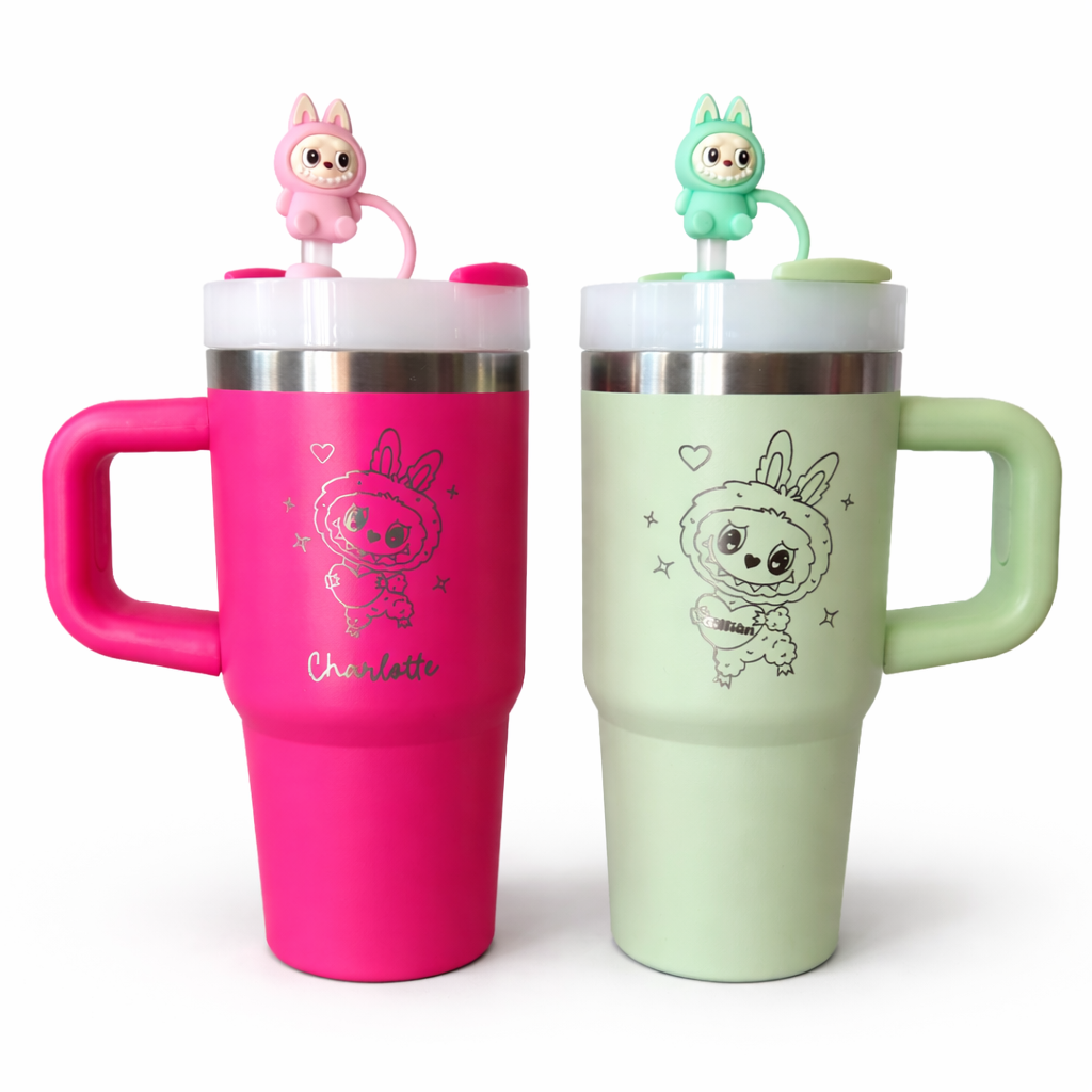 LASER engraved cute furry monsters / take a seat cute character tumbler + handle straw-personalised cup-quencher-14oz