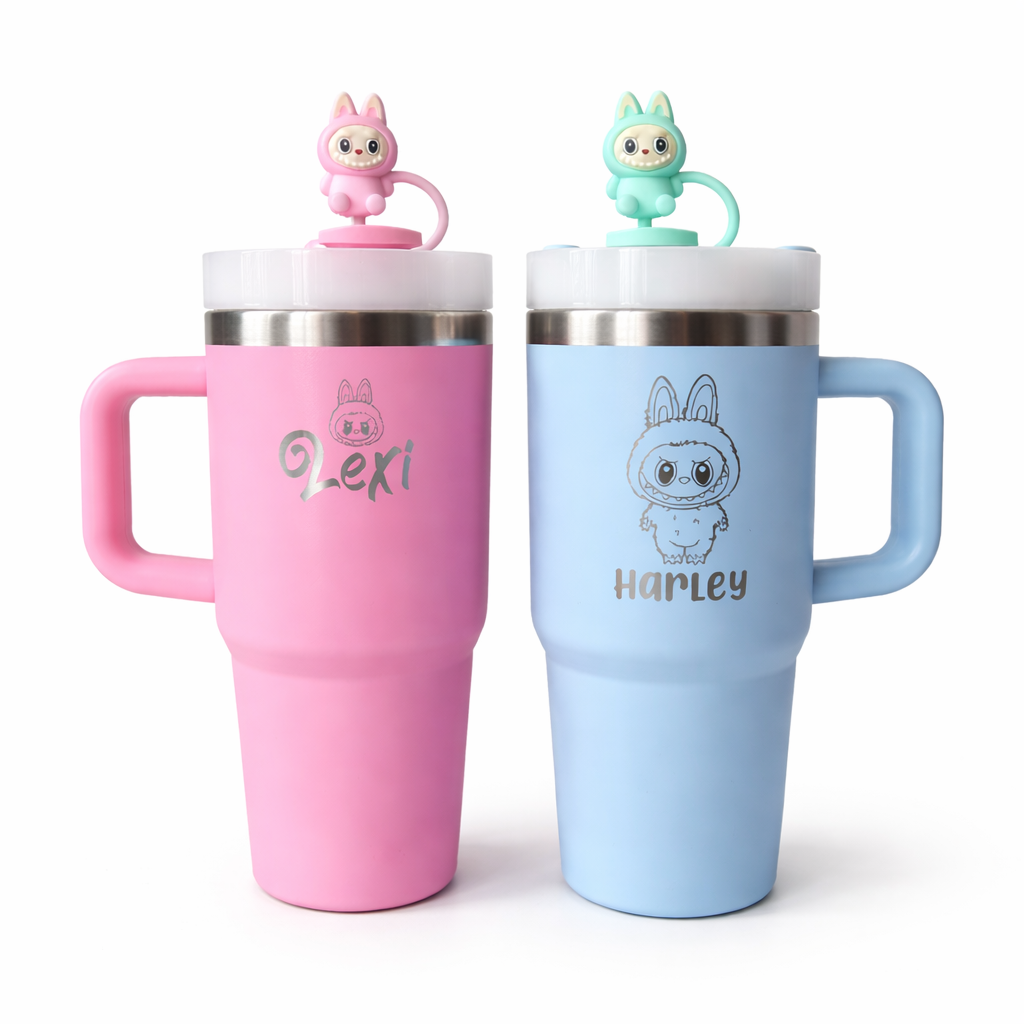 LASER engraved cute furry monsters / take a seat cute character tumbler + handle straw-personalised cup-quencher-14oz