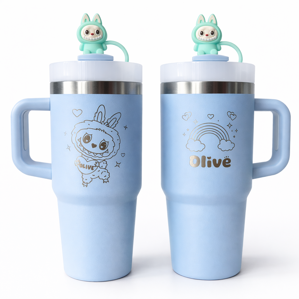 LASER engraved cute furry monsters / take a seat cute character tumbler + handle straw-personalised cup-quencher-14oz